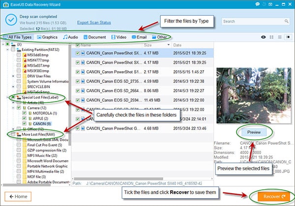 Vista previa de archivos en EaseUS antes de recuperarlos